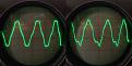 Oscillogram of step down transformers, configured in Wye to Delta with loading. Left shows incandescent loading, and the right shows LED loading. Note that the generator's sine wave quality without loading is not completely "clean".